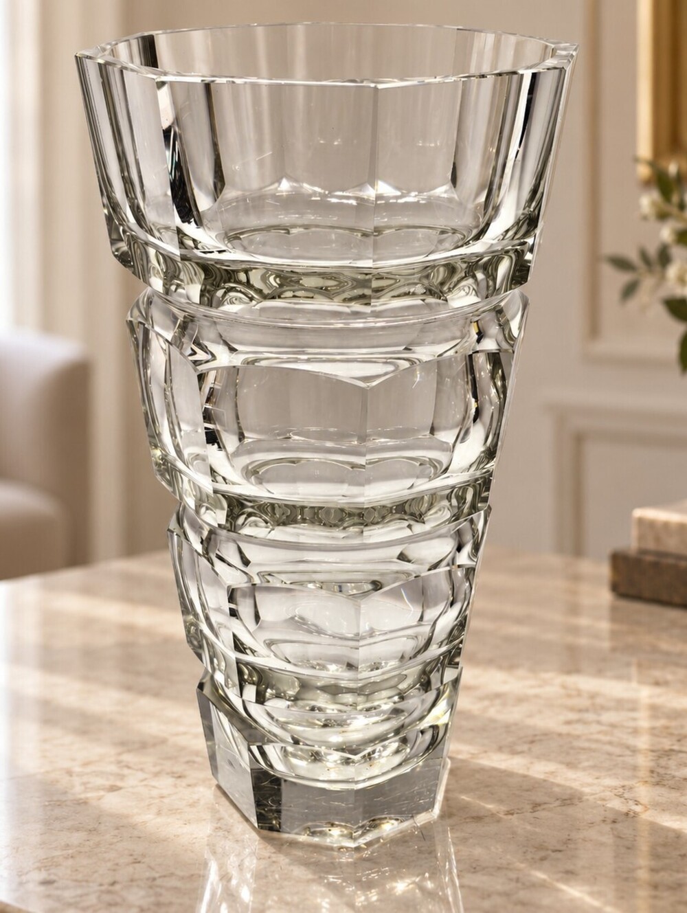 Josef Hoffmann Moser Art Deco Clear Crystal Heavy Vase 12” Vintage 1930s Czech